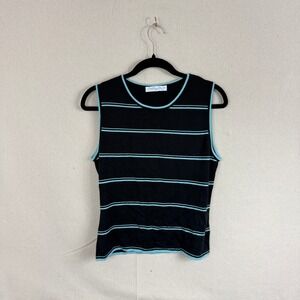 Orlington Womens Black Aqua Blue Striped Sleeveless Knit Tank Top Size M